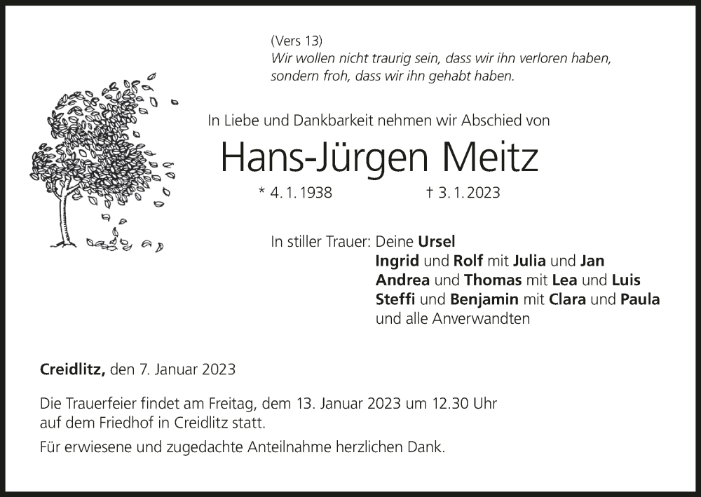  Traueranzeige für Hans-Jürgen Meitz vom 07.01.2023 aus MGO