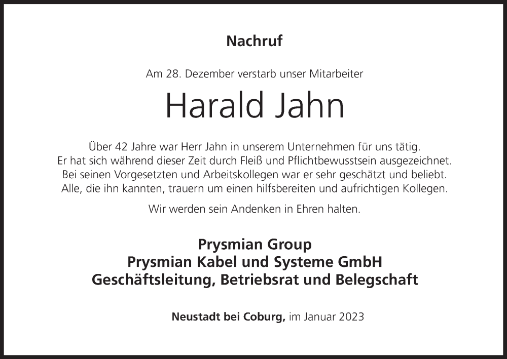  Traueranzeige für Harald Jahn vom 17.01.2023 aus MGO