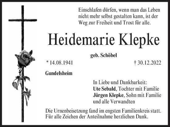 Anzeige von Heidemarie Klepke von MGO