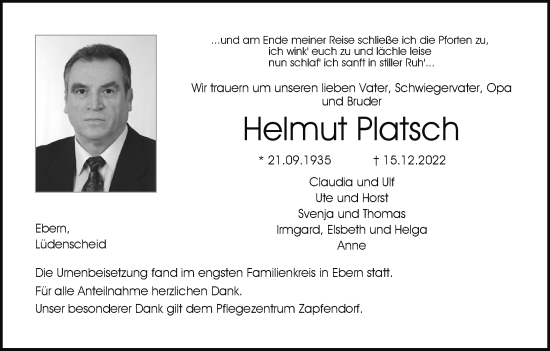 Anzeige von Helmut Platsch von MGO