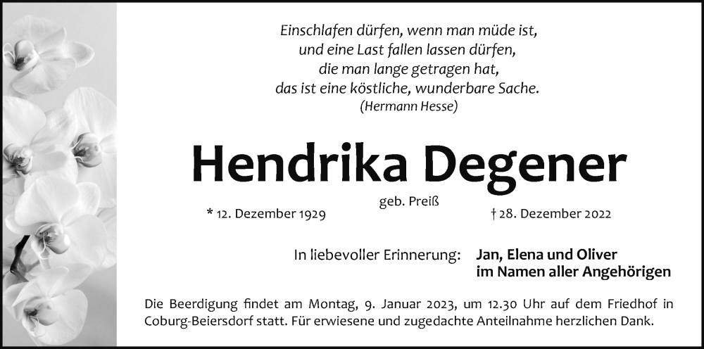  Traueranzeige für Hendrika Degener vom 04.01.2023 aus MGO