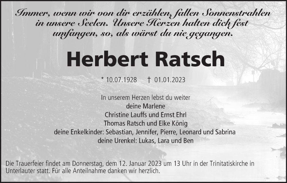  Traueranzeige für Herbert Ratsch vom 07.01.2023 aus MGO
