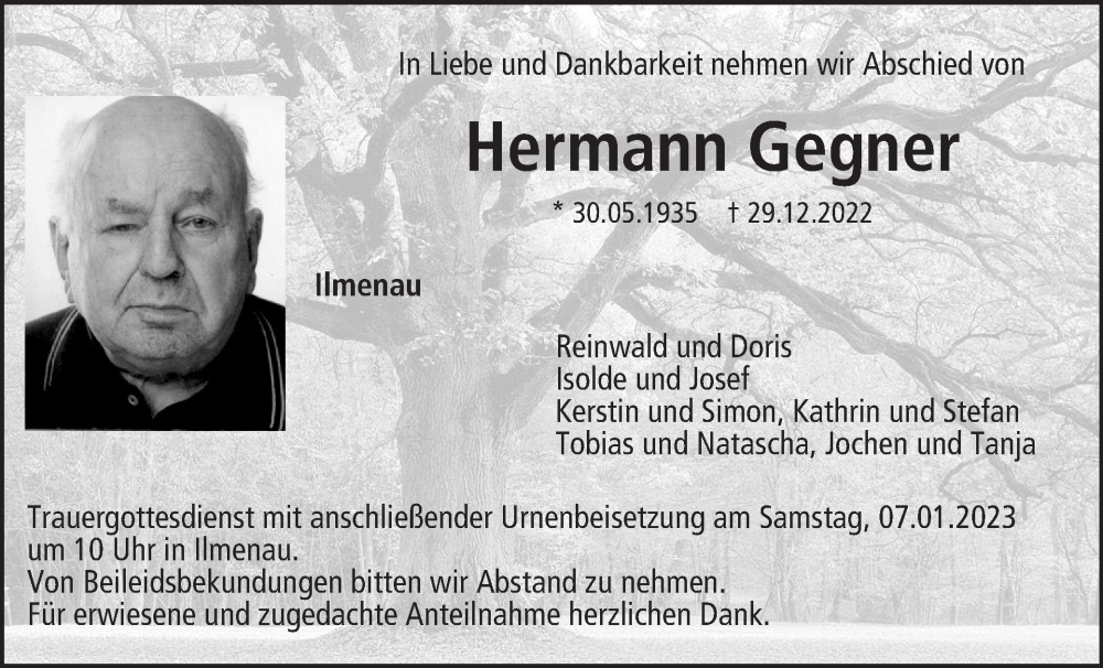  Traueranzeige für Hermann Gegner vom 04.01.2023 aus MGO