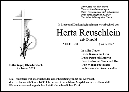 Anzeige von Herta Reuschlein von MGO