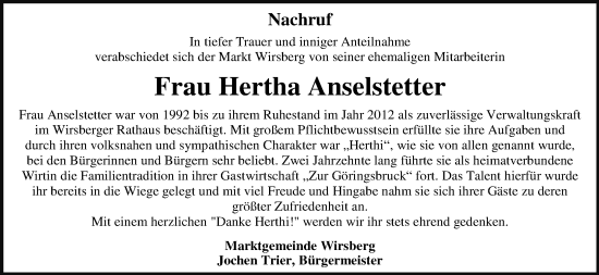 Anzeige von Hertha Anselstetter von MGO