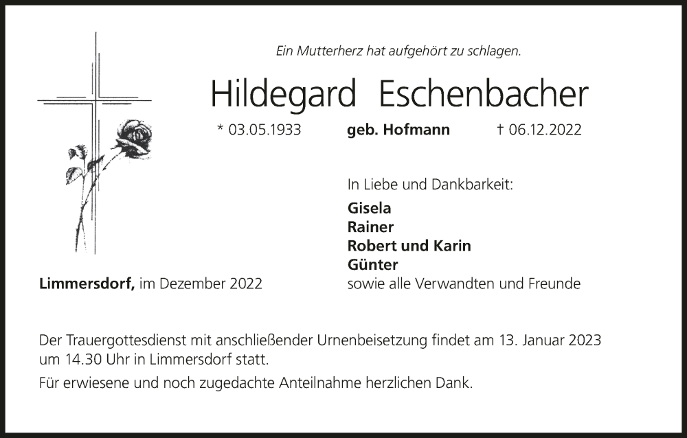  Traueranzeige für Hildegard Eschenbacher vom 09.01.2023 aus MGO