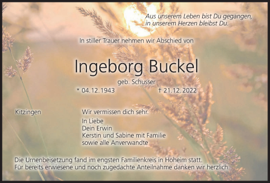 Anzeige von Ingeborg Buckel von MGO