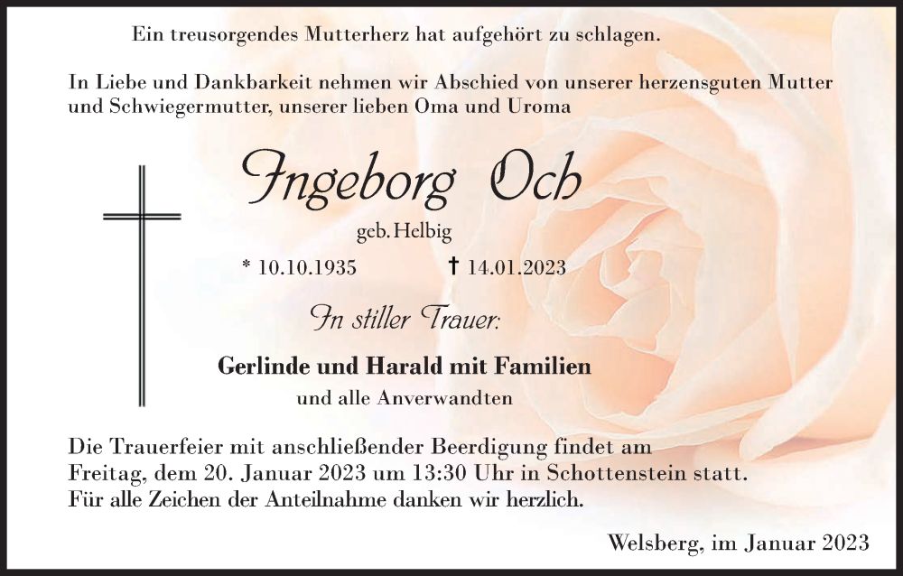  Traueranzeige für Ingeborg Och vom 18.01.2023 aus MGO