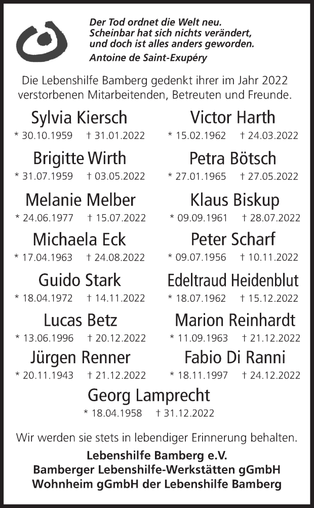  Traueranzeige für In Gedenken verstorbene Mitarbeiter der Lebenshilfe vom 14.01.2023 aus MGO