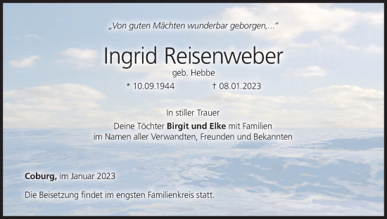 Anzeige von Ingrid Reisenweber von MGO