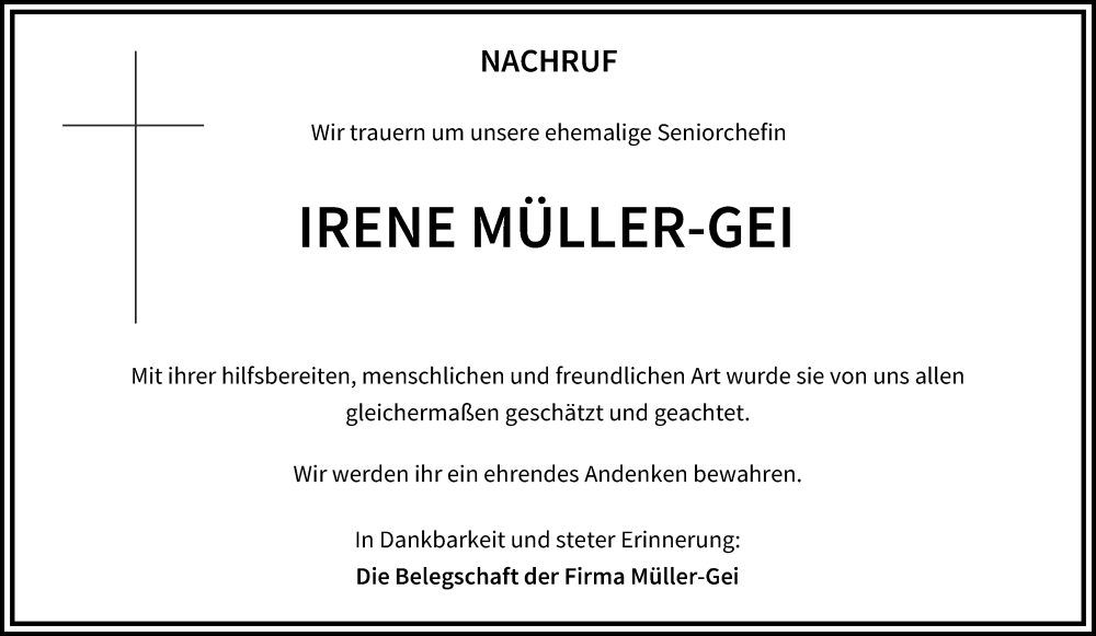  Traueranzeige für Irene Müller-Gei vom 18.01.2023 aus MGO