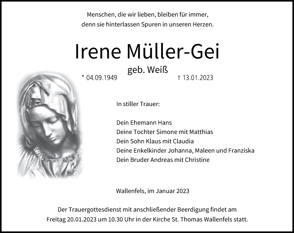  Traueranzeige für Irene Müller-Gei vom 18.01.2023 aus MGO