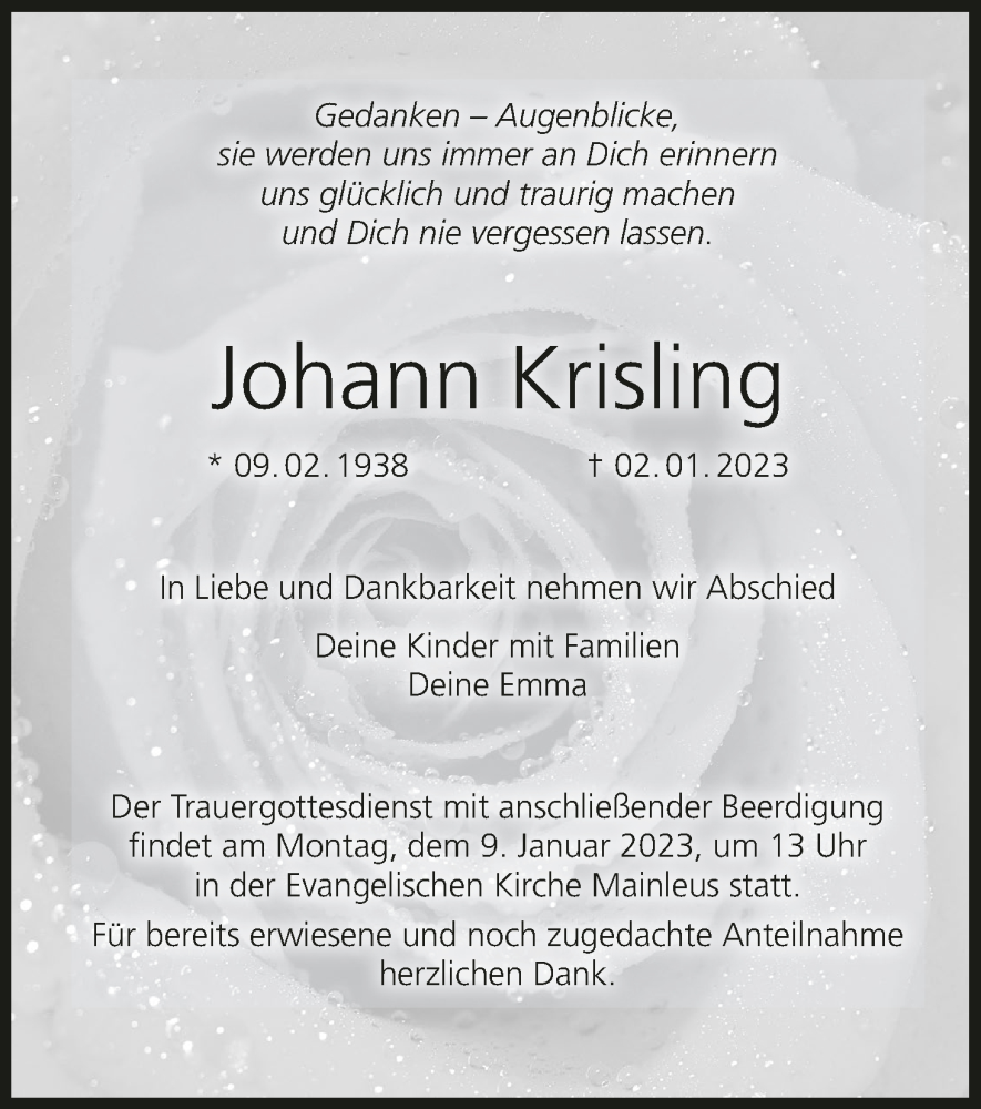 Traueranzeige für Johann Krisling vom 07.01.2023 aus MGO