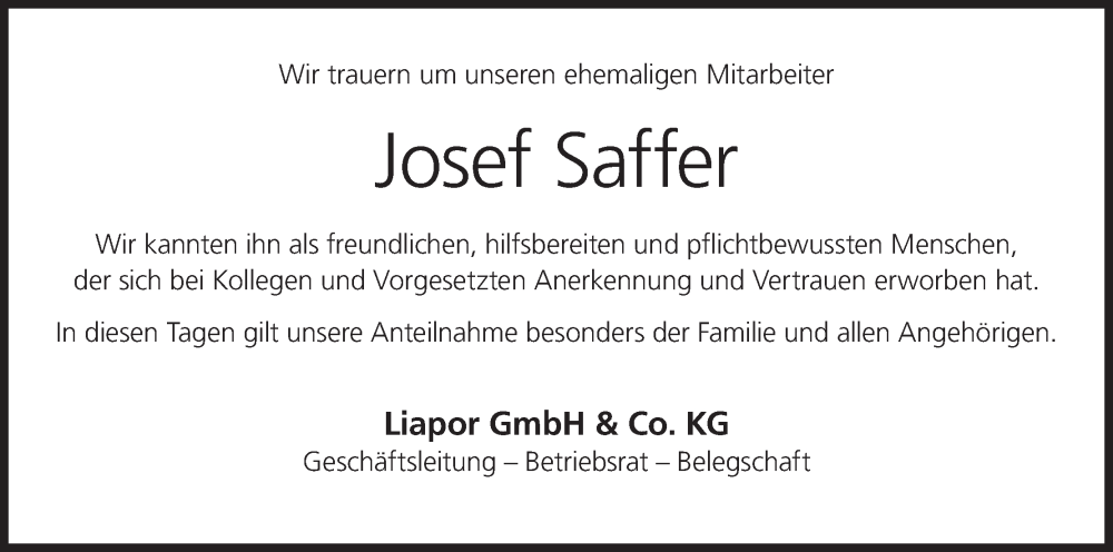  Traueranzeige für Josef Saffer vom 18.01.2023 aus MGO