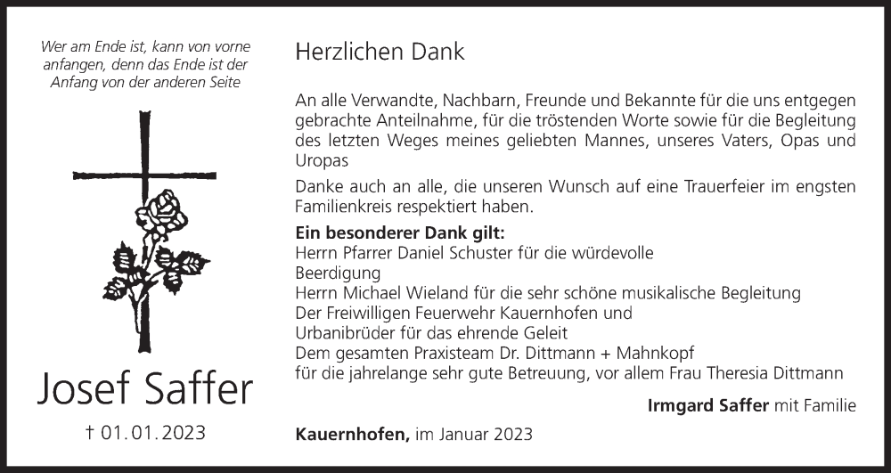  Traueranzeige für Josef Saffer vom 28.01.2023 aus MGO