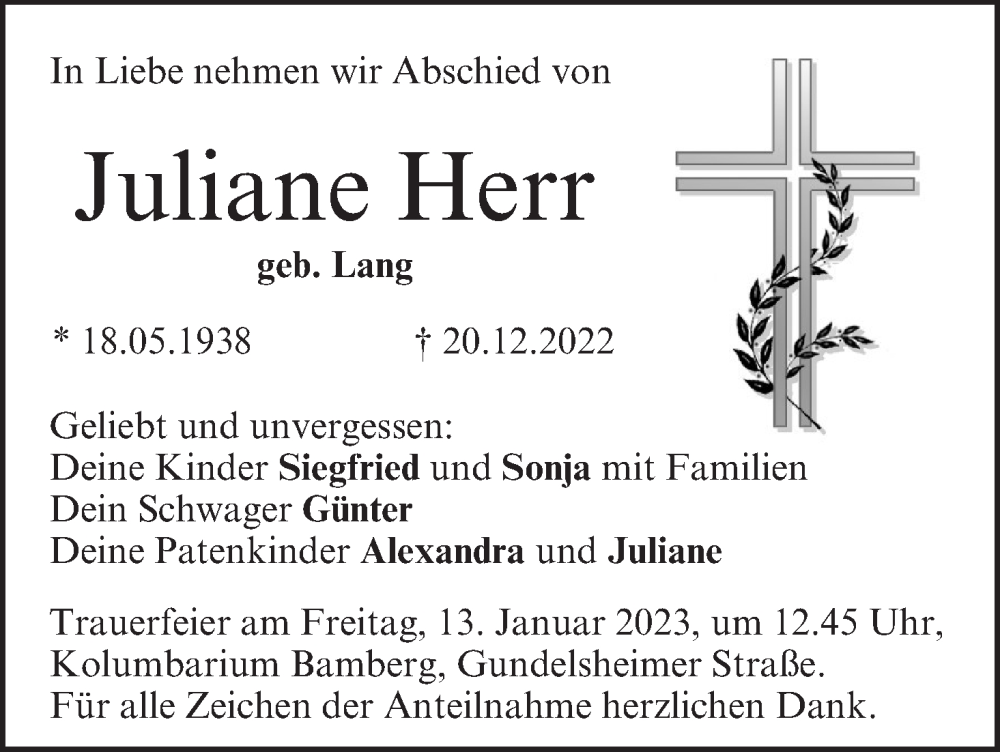 Traueranzeige für Juliane Herr vom 10.01.2023 aus MGO