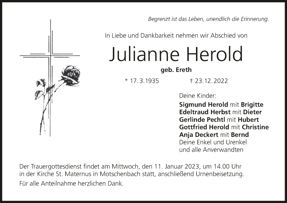  Traueranzeige für Julianne Herold vom 07.01.2023 aus MGO