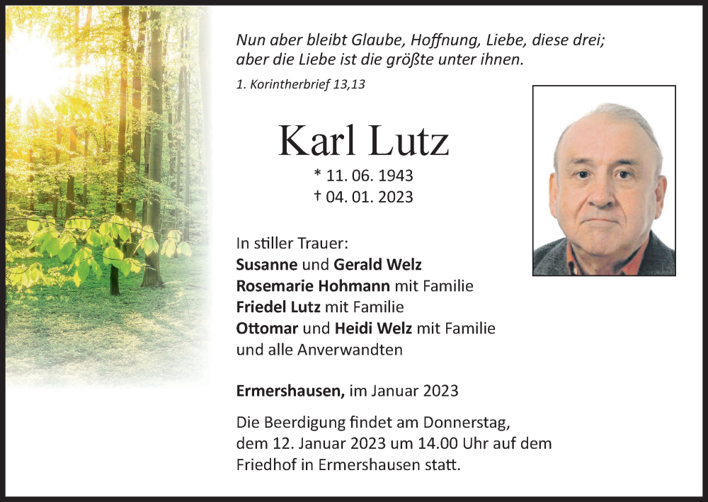  Traueranzeige für Karl Lutz vom 10.01.2023 aus MGO