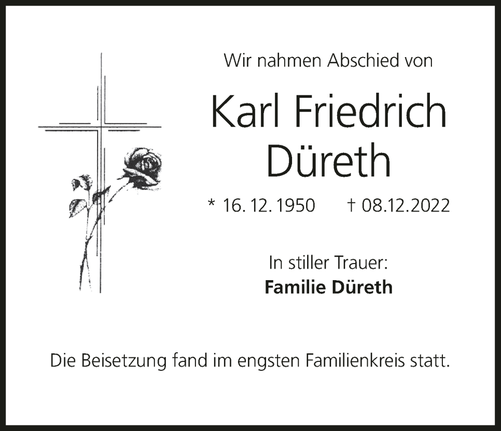  Traueranzeige für Karl Friedrich Düreth vom 14.01.2023 aus MGO