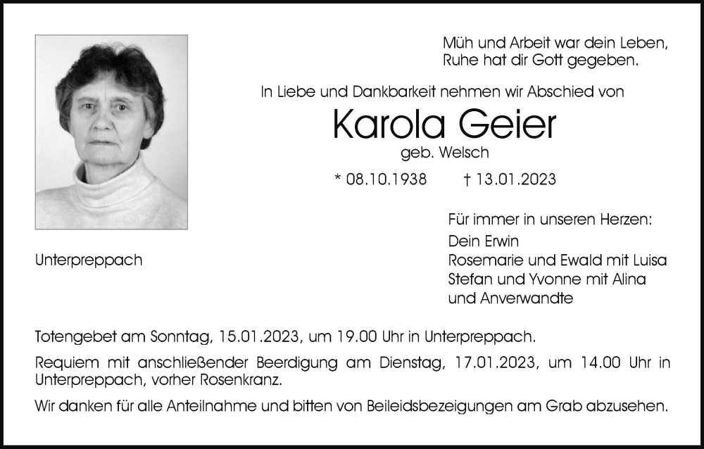  Traueranzeige für Karola Geier vom 14.01.2023 aus MGO