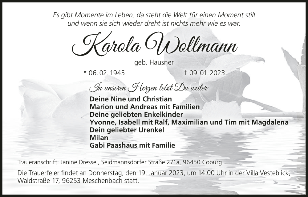  Traueranzeige für Karola WOllmann vom 14.01.2023 aus MGO