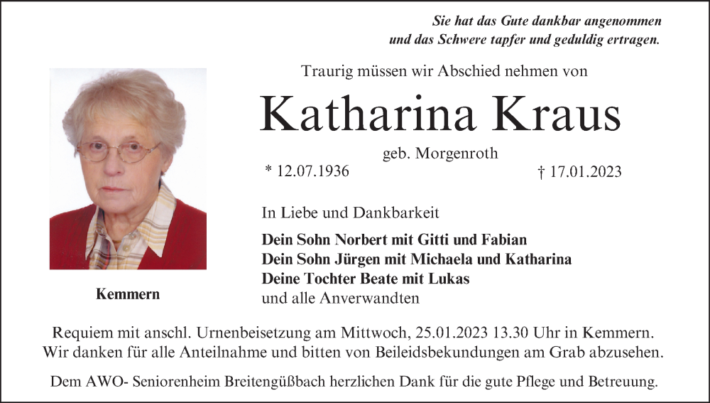  Traueranzeige für Katharina Kraus vom 21.01.2023 aus MGO
