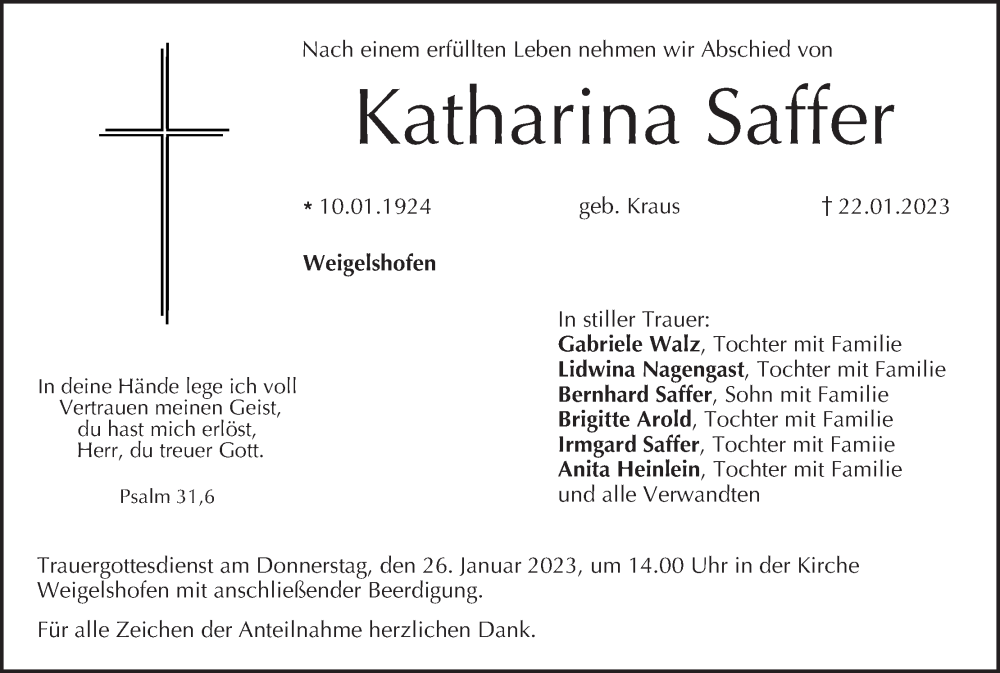  Traueranzeige für Katharina Saffer vom 24.01.2023 aus MGO