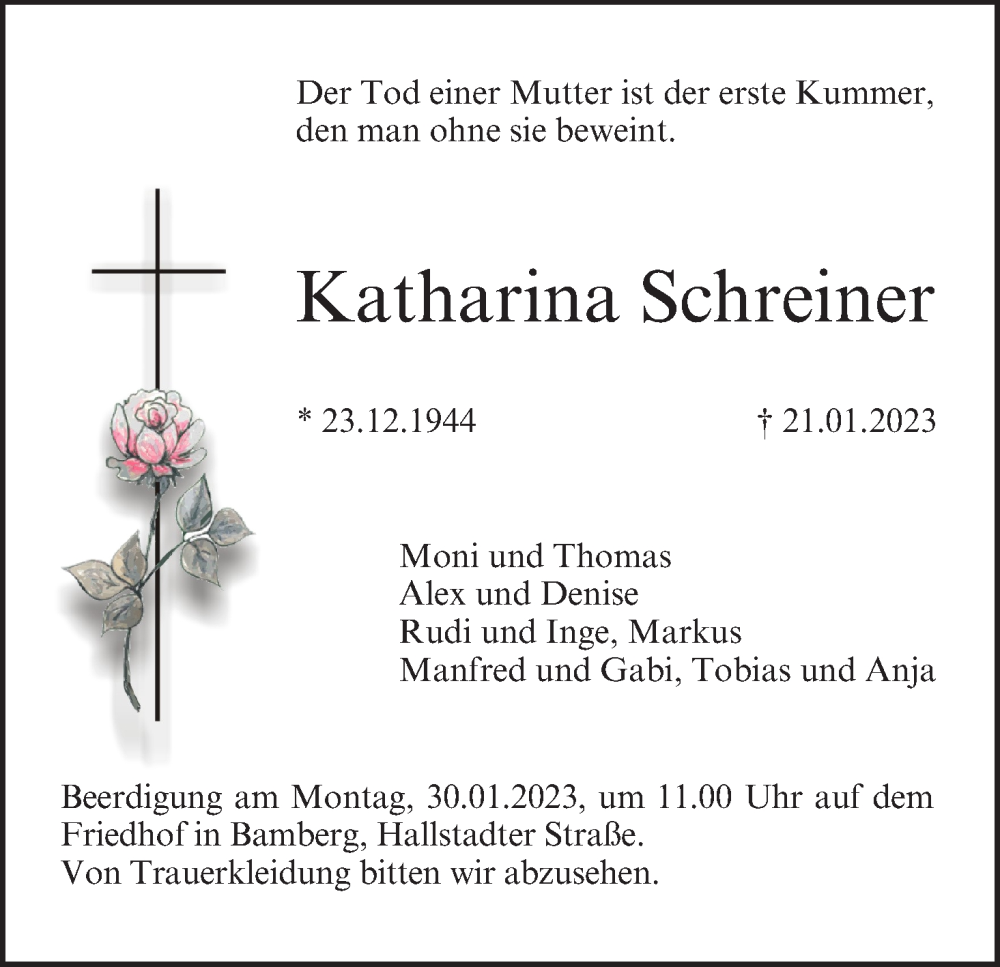  Traueranzeige für Katharina Schreiner vom 28.01.2023 aus MGO