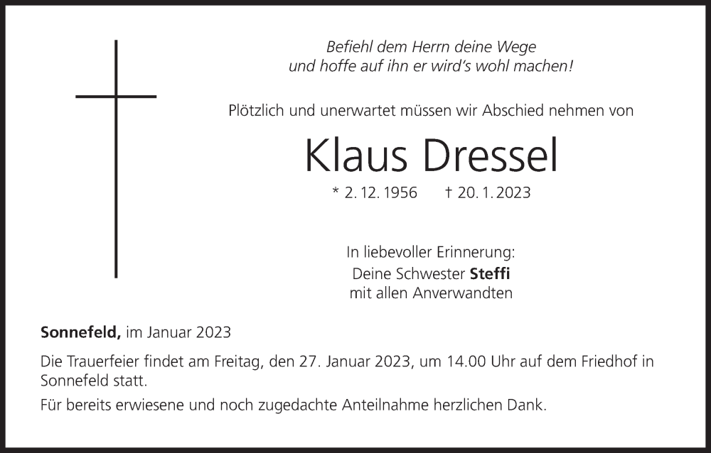  Traueranzeige für Klaus Dressel vom 26.01.2023 aus MGO