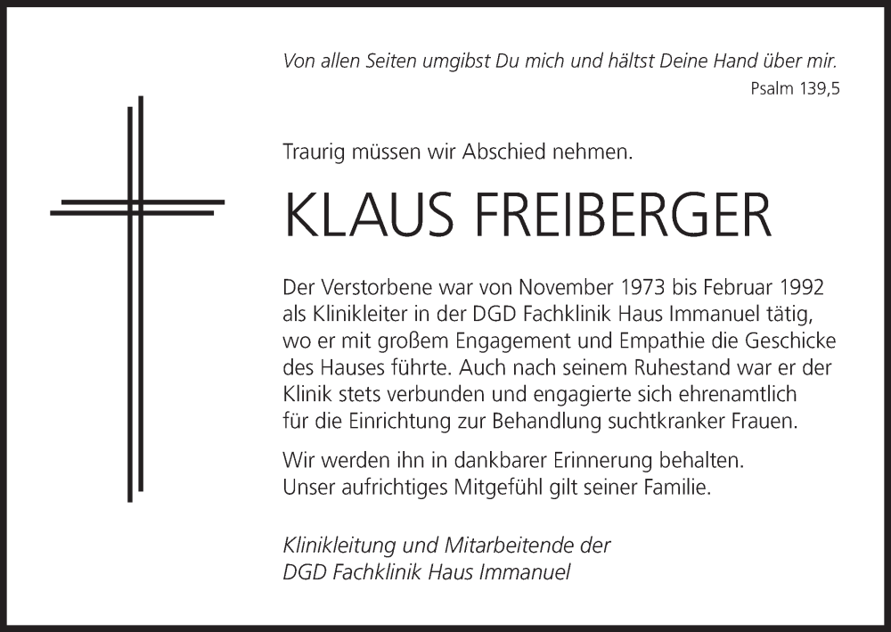  Traueranzeige für Klaus Freiberger vom 28.01.2023 aus MGO