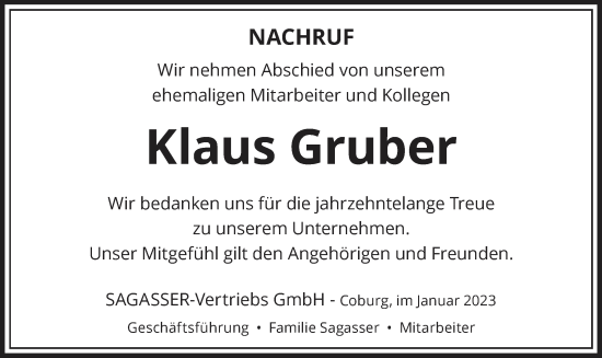 Anzeige von Klaus Gruber von MGO