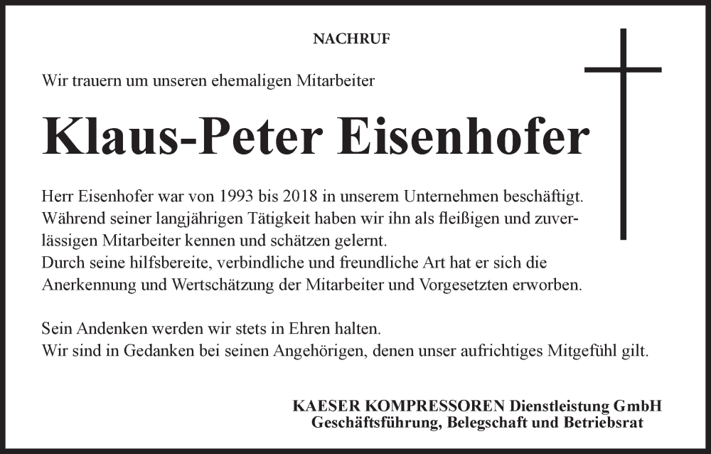  Traueranzeige für Klaus-Peter Eisenhofer vom 13.01.2023 aus MGO