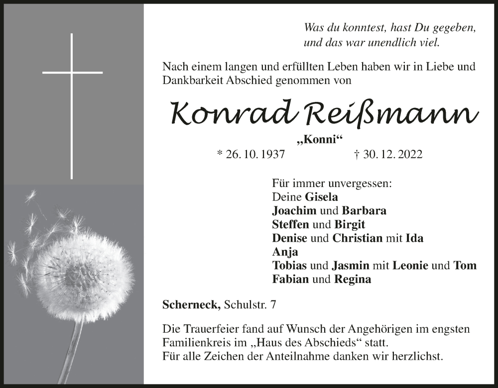  Traueranzeige für Konrad Reißmann vom 14.01.2023 aus MGO