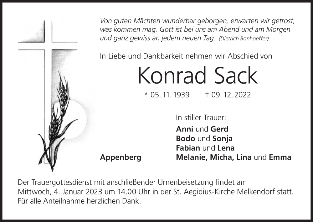  Traueranzeige für Konrad Sack vom 02.01.2023 aus MGO