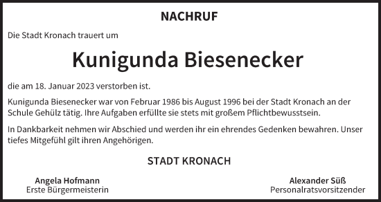 Anzeige von Kunigunda Biesenecker von MGO