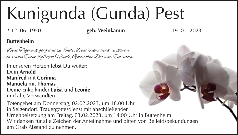  Traueranzeige für Kunigunda Pest vom 28.01.2023 aus MGO