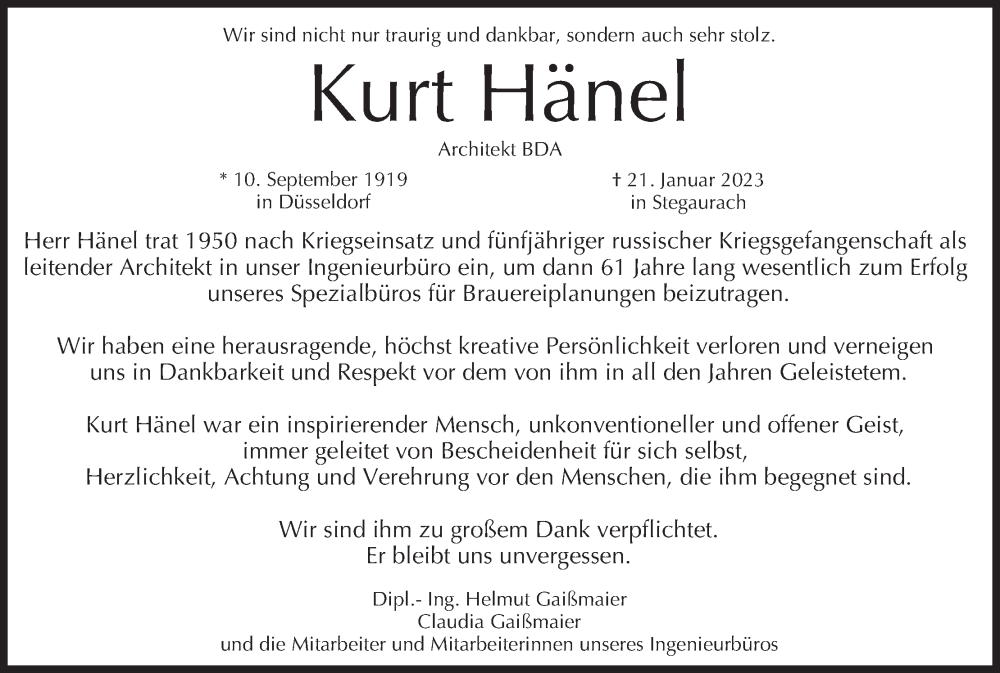  Traueranzeige für Kurt Hänel vom 28.01.2023 aus MGO