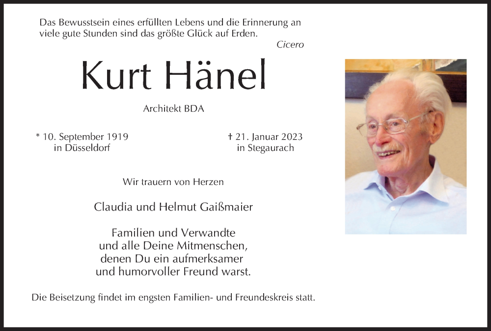  Traueranzeige für Kurt Hänel vom 28.01.2023 aus MGO