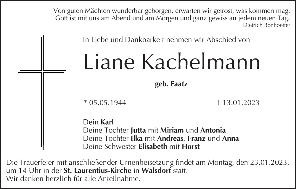  Traueranzeige für Liane Kachelmann vom 21.01.2023 aus MGO