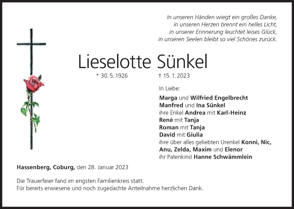  Traueranzeige für Lieselotte Sünkel vom 28.01.2023 aus MGO