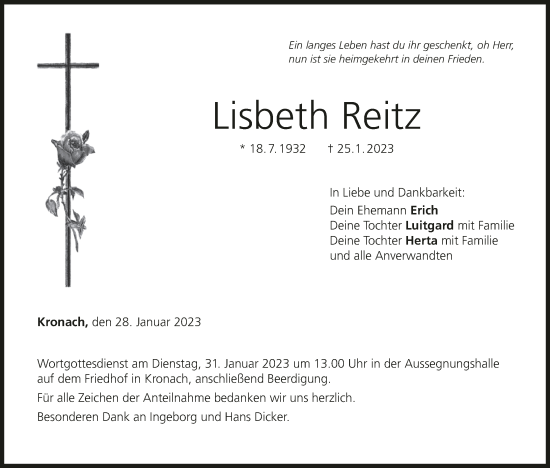 Anzeige von Lisbeth Reitz von MGO