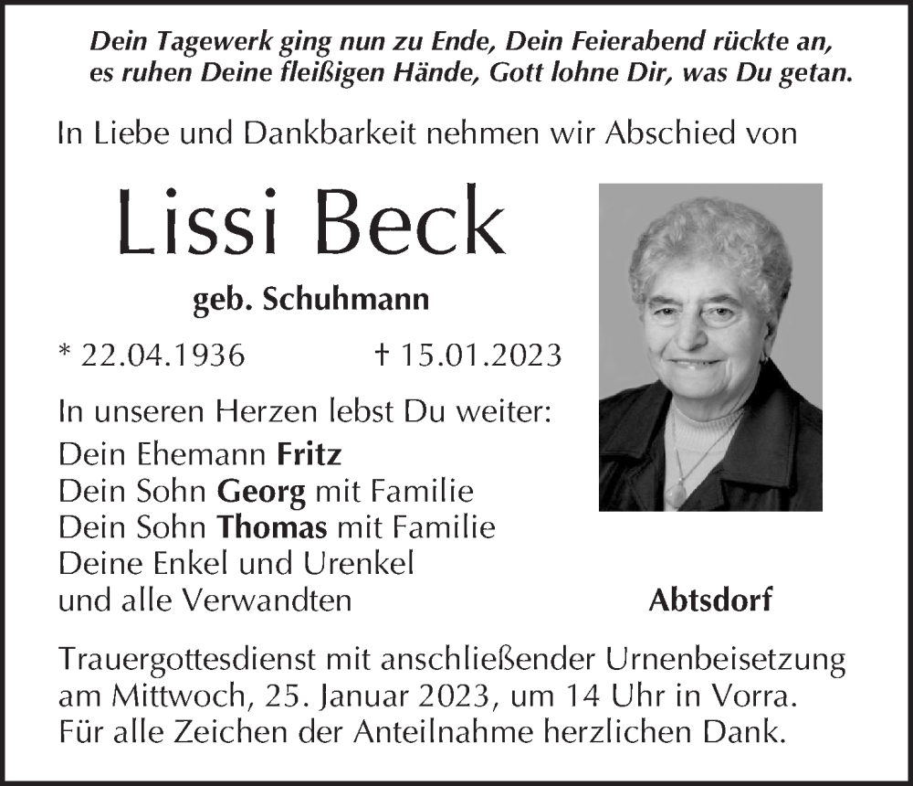  Traueranzeige für Lissi Beck vom 21.01.2023 aus MGO