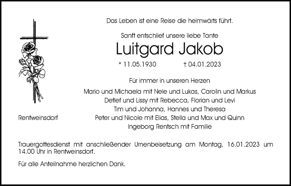  Traueranzeige für Luitgard Jakob vom 11.01.2023 aus MGO