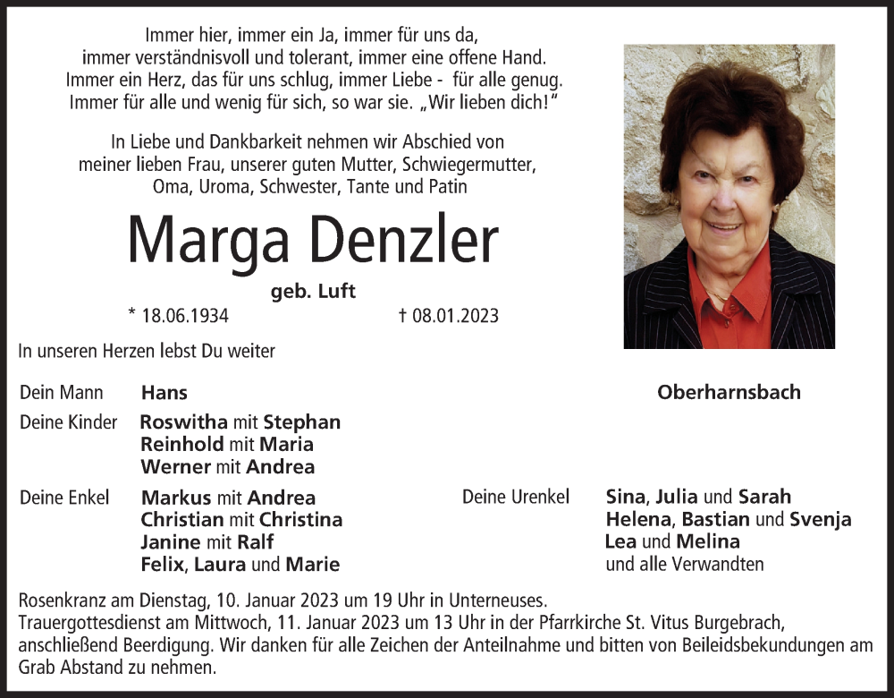  Traueranzeige für Marga Denzler vom 10.01.2023 aus MGO