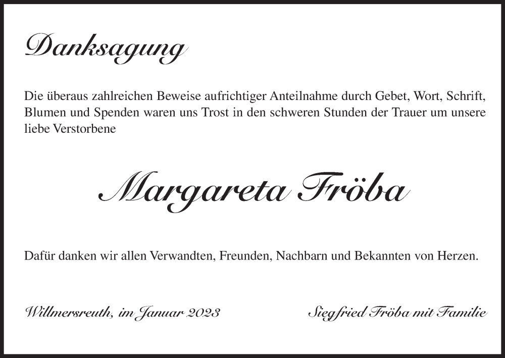  Traueranzeige für Margareta Fröba vom 07.01.2023 aus MGO