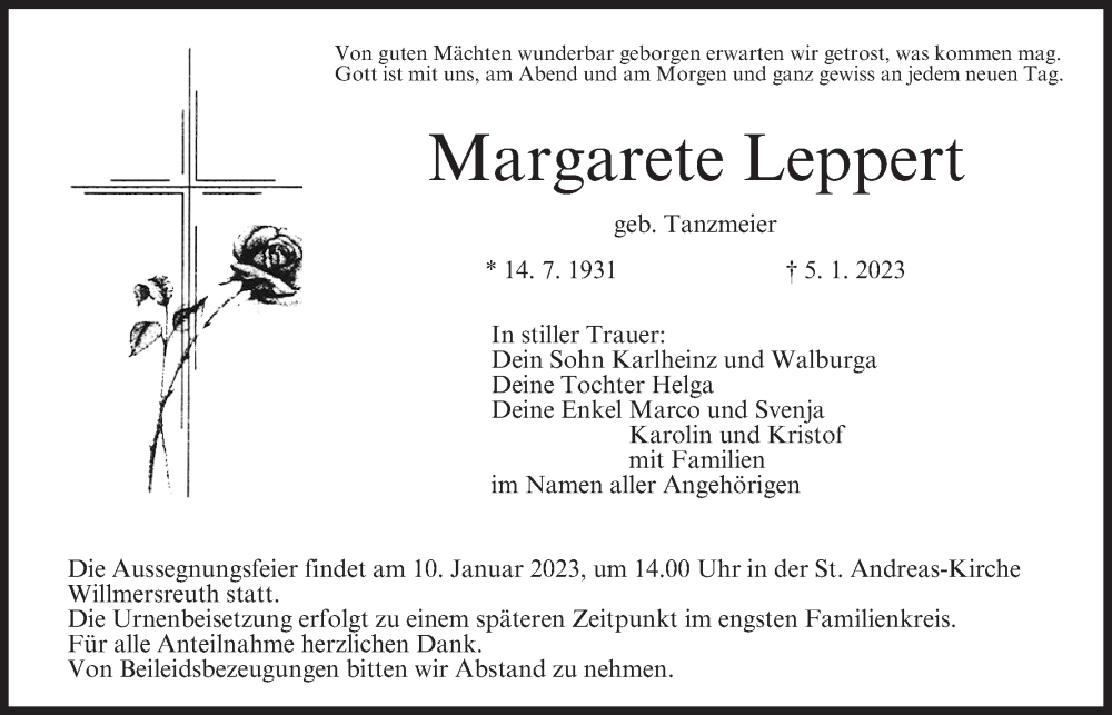  Traueranzeige für Margarete Leppert vom 10.01.2023 aus MGO