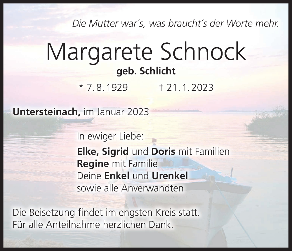  Traueranzeige für Margarete Schnock vom 28.01.2023 aus MGO