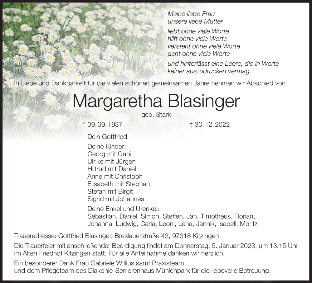  Traueranzeige für Margaretha Blasinger vom 03.01.2023 aus MGO