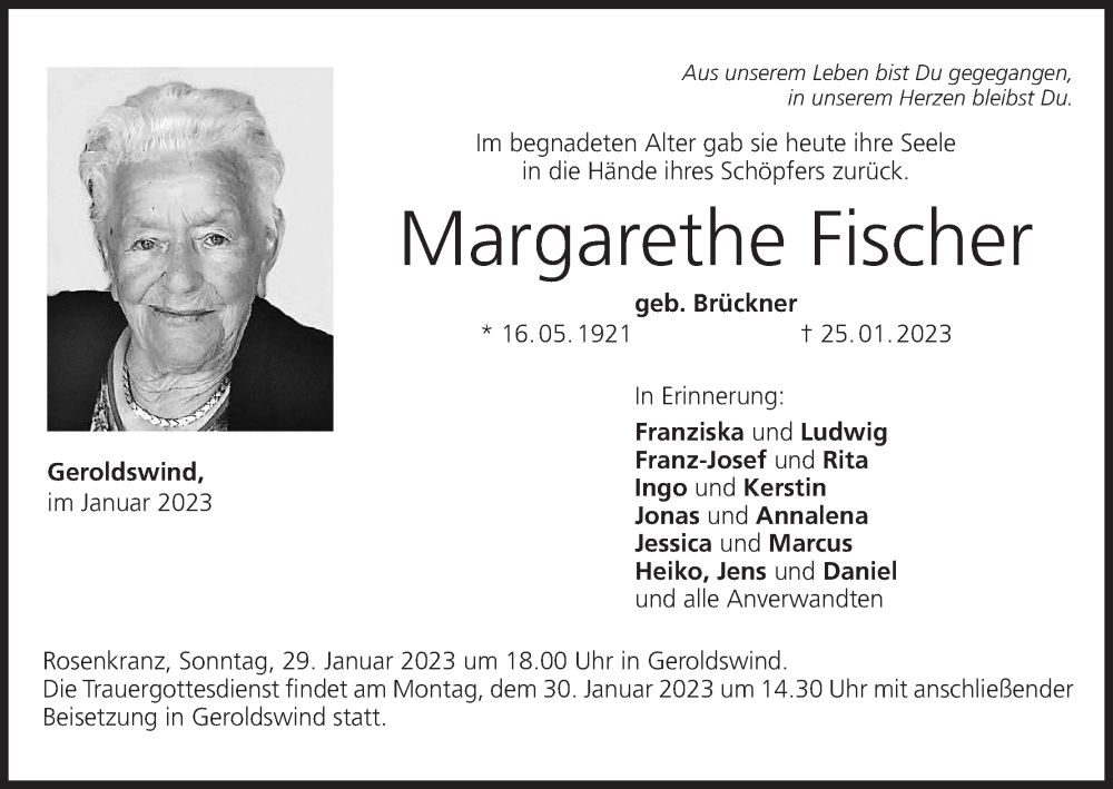  Traueranzeige für Margarethe Fischer vom 28.01.2023 aus MGO