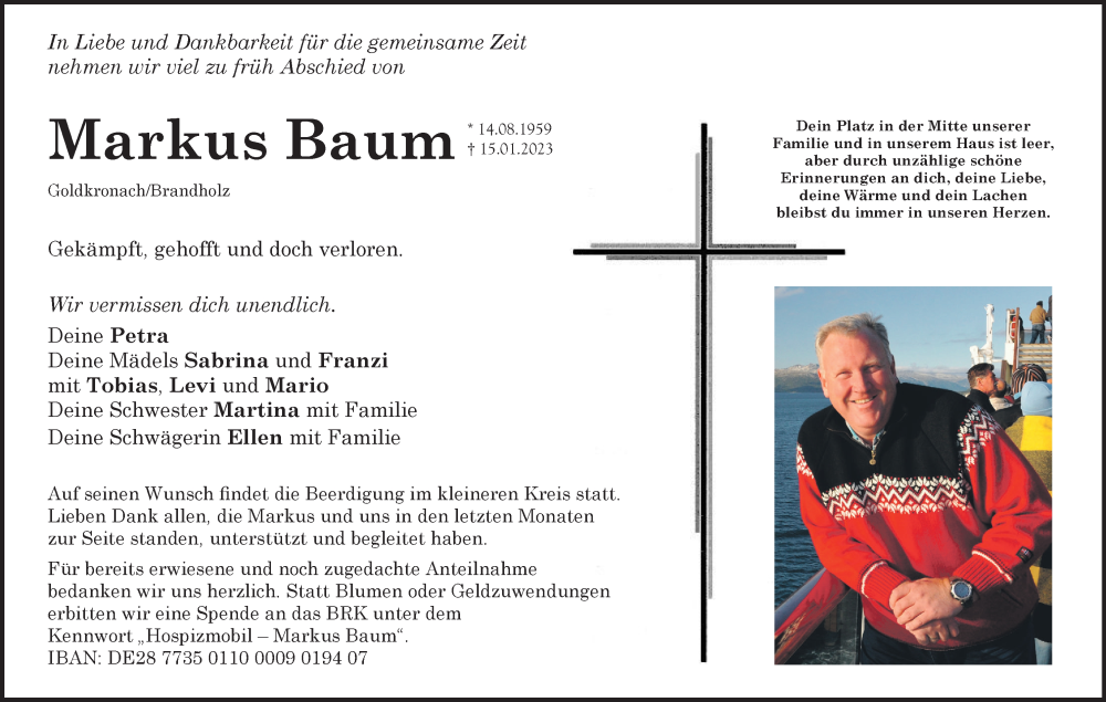  Traueranzeige für Markus Bau vom 21.01.2023 aus MGO